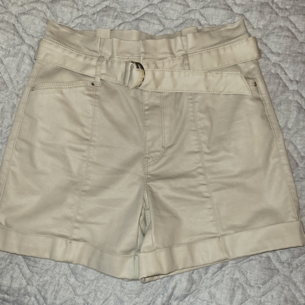 Whbm khaki high waist paperbag shorts
